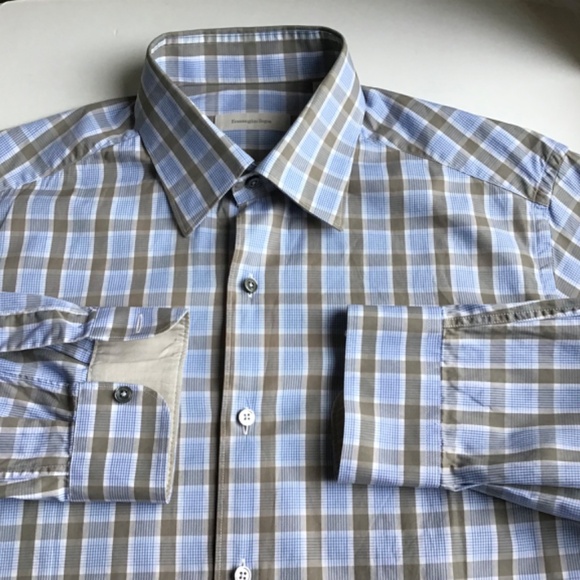 Erminegildo Zegna  Pale blue & green checks cotton shirt Sz L made in Italy 🇮🇹 - Picture 6 of 11